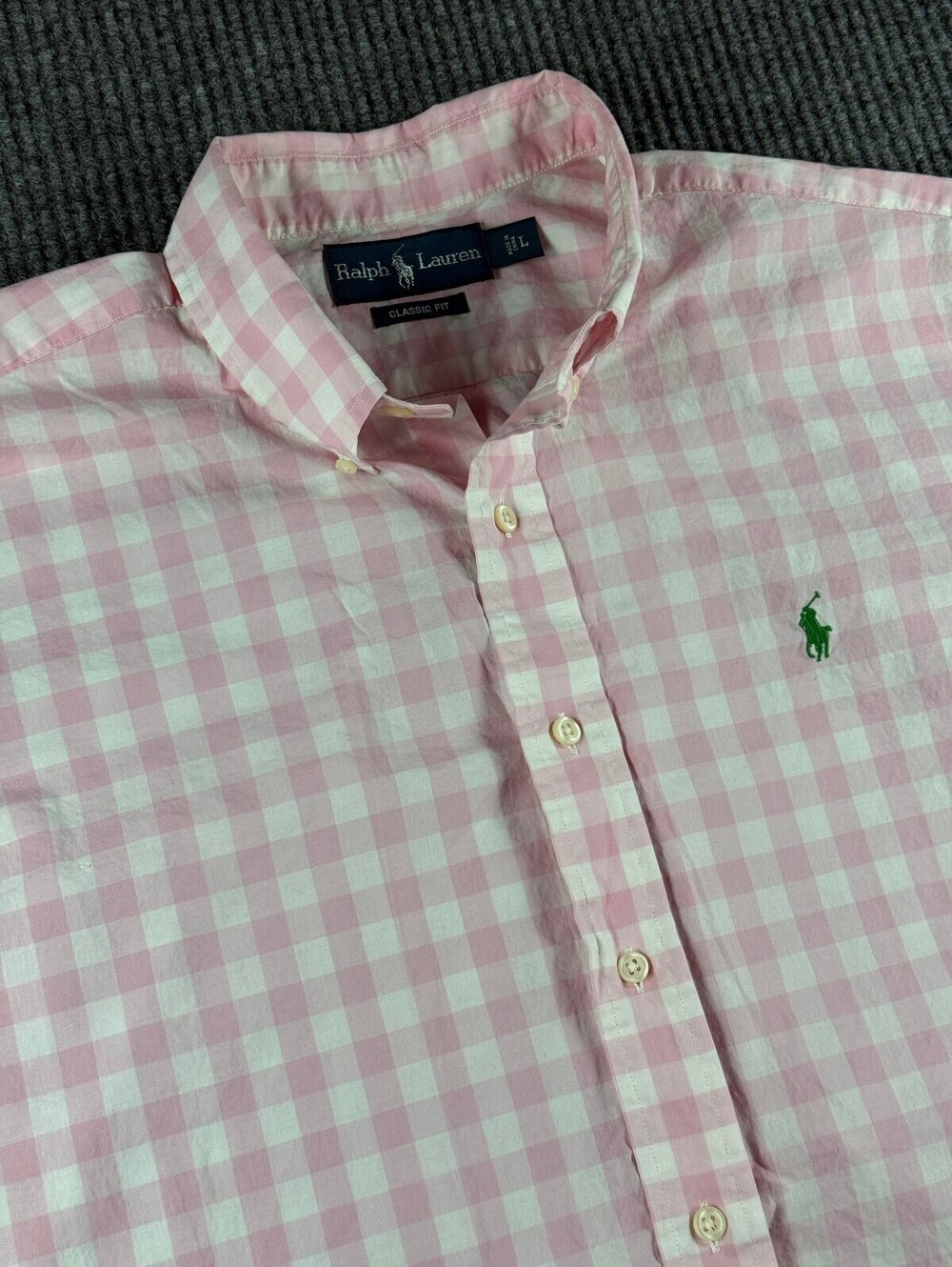 Vintage Ralph Lauren Classic Fit Short Sleeve Button Down Men L Pink White Plaid